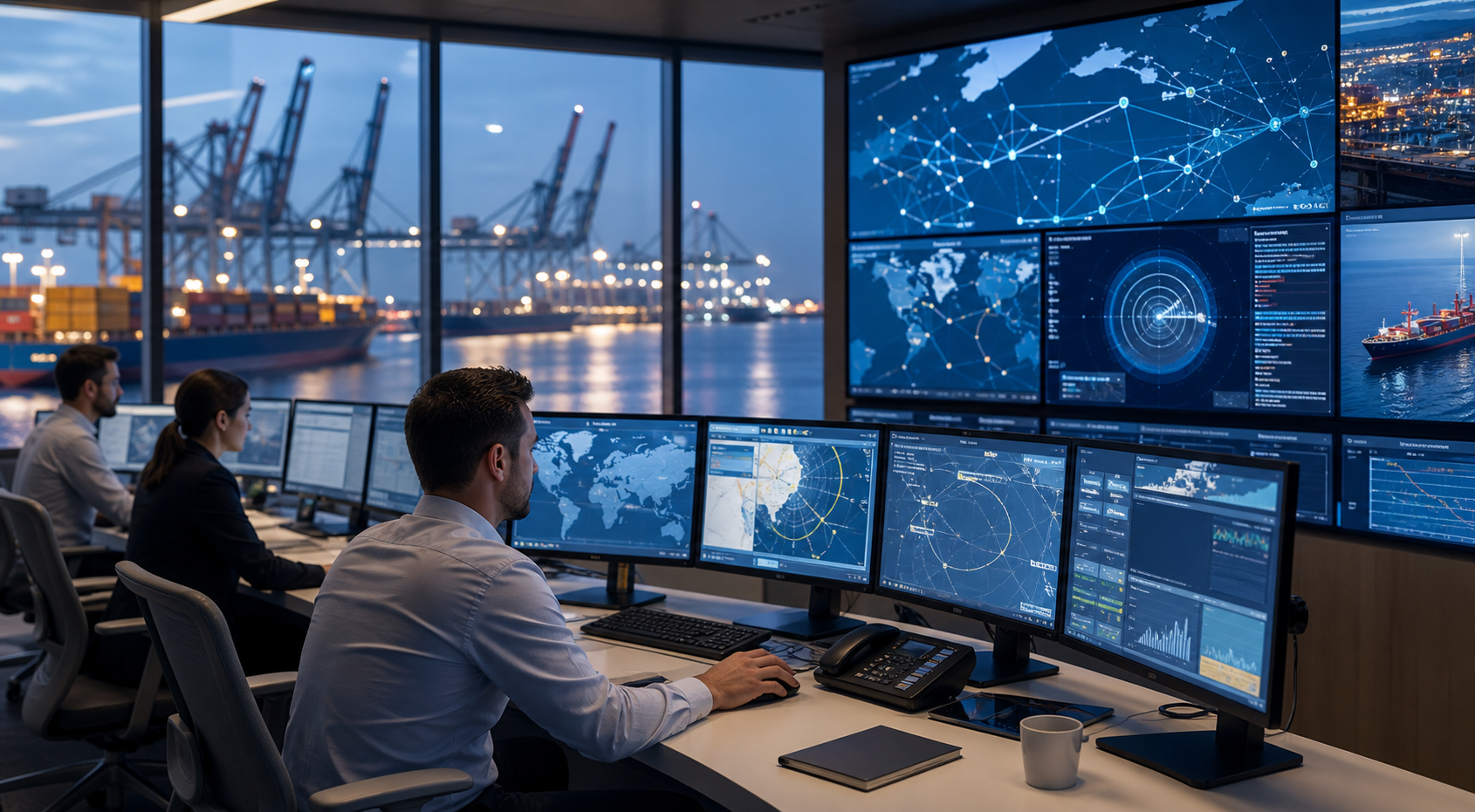 Maritime operations control room monitoring port activity and vessel routes